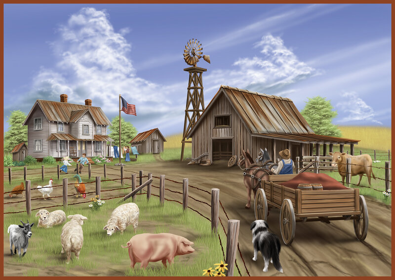Rural farm scene with animals