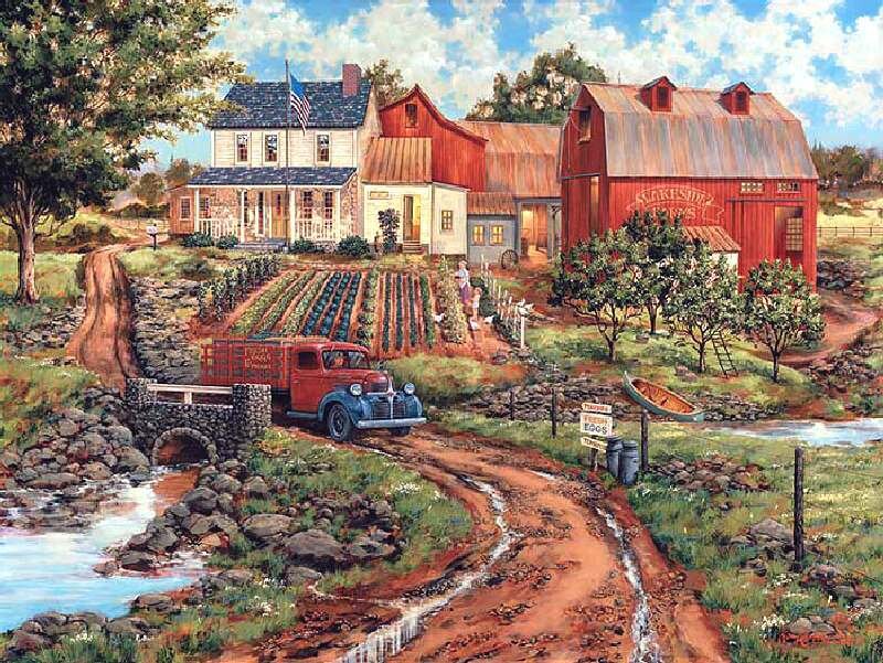 Rural farm scene with red barn