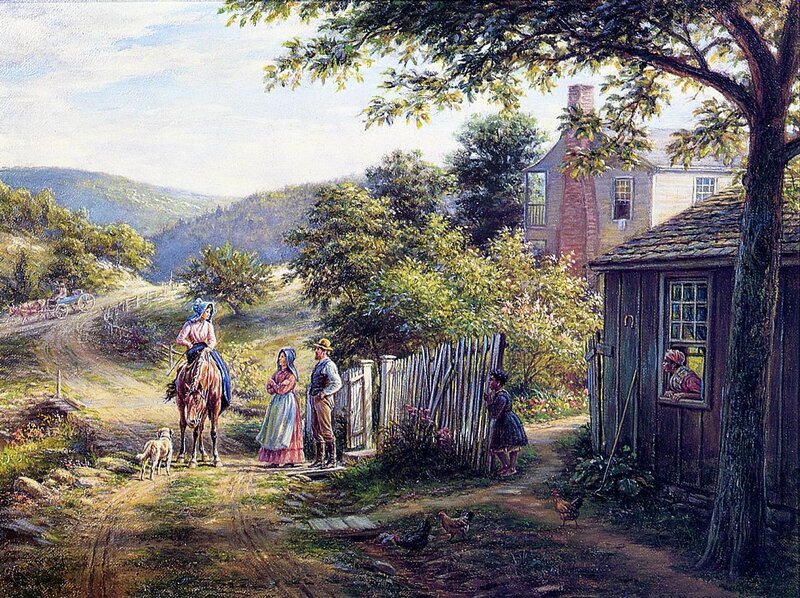 Rural farm scene with travelers