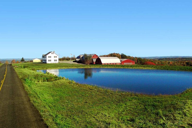 rural farm with pond and barns