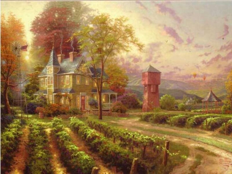 Rural farmhouse at sunset