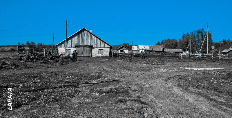 Rural farmstead under blue sky