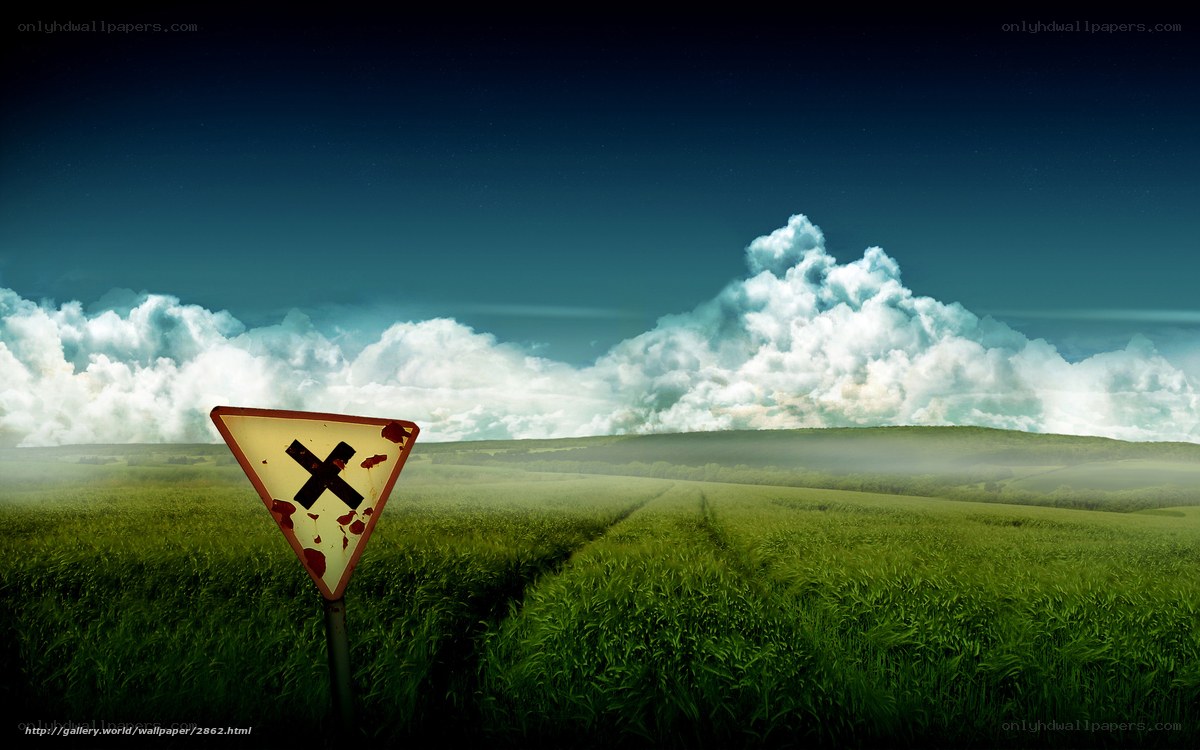 Rural field with warning sign