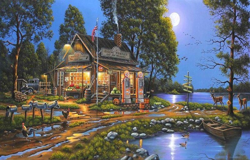 Rural Gas Station at Night — Blue