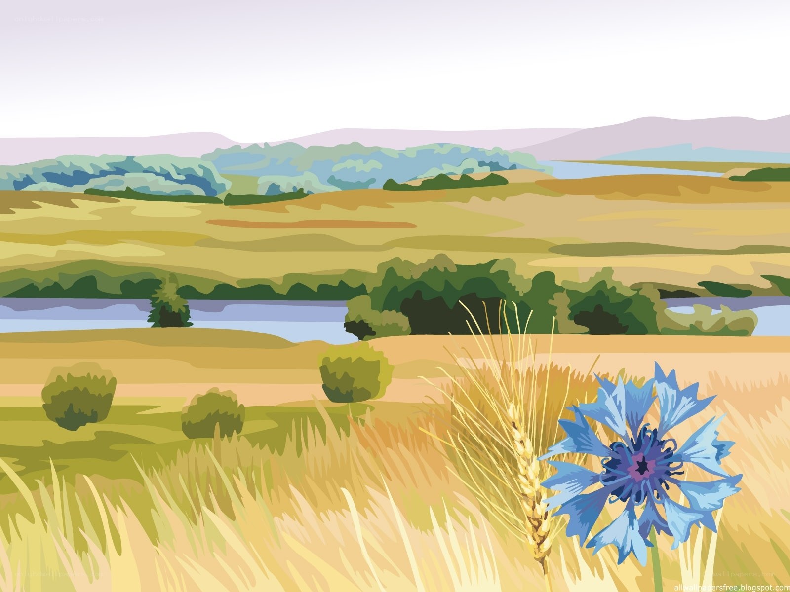rural landscape with blue flower