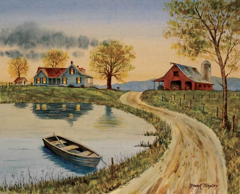 Rural landscape with farm and pond