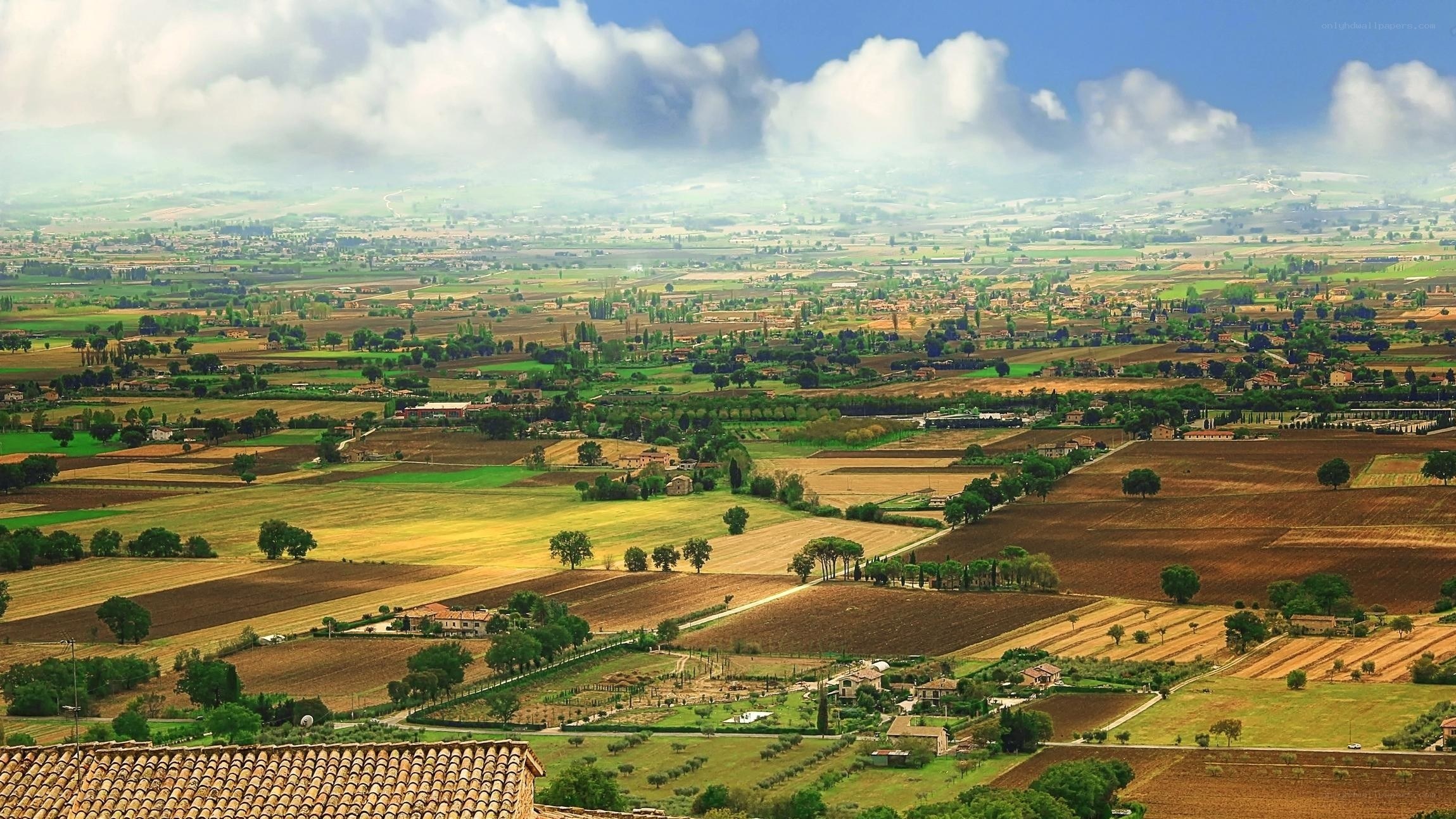 rural landscape with fields and villages