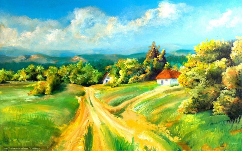 Rural Landscape with Houses — Green, Serene, Afternoon
