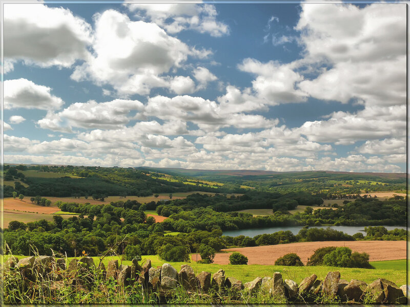 rural landscape with lake and hills