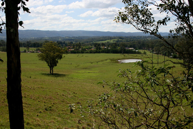 rural landscape with pond and hills