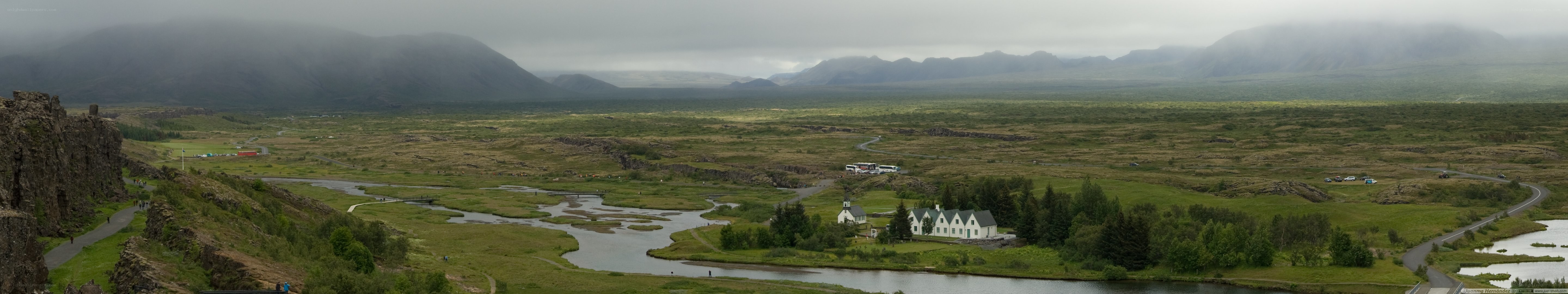 rural landscape with river and mountains