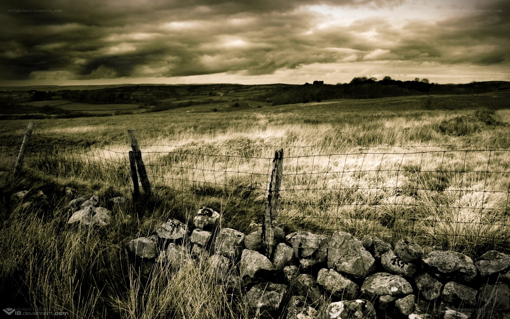 Rural landscape with stone wall