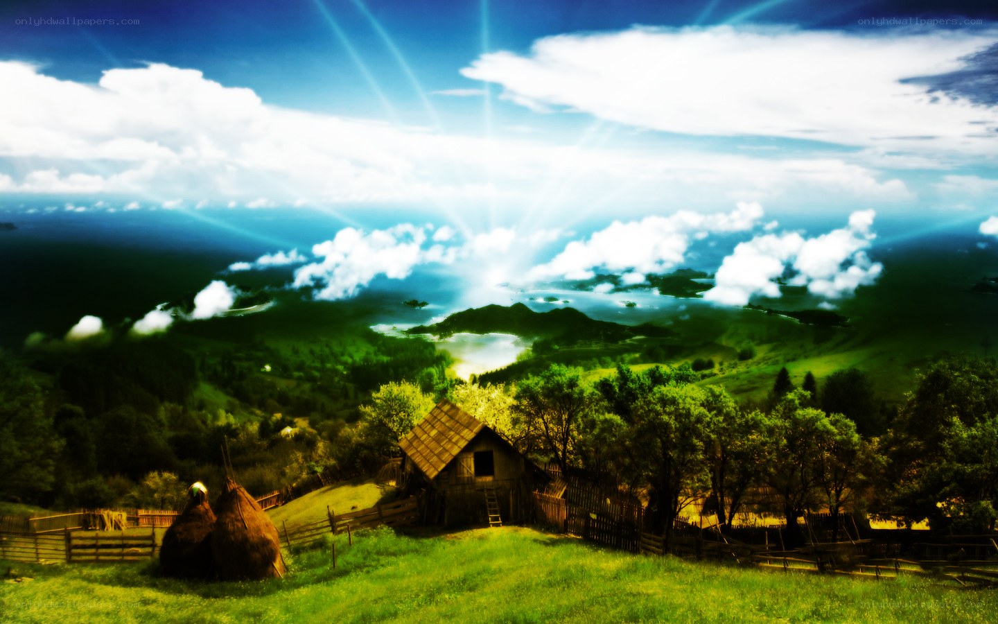 Rural landscape with sun rays
