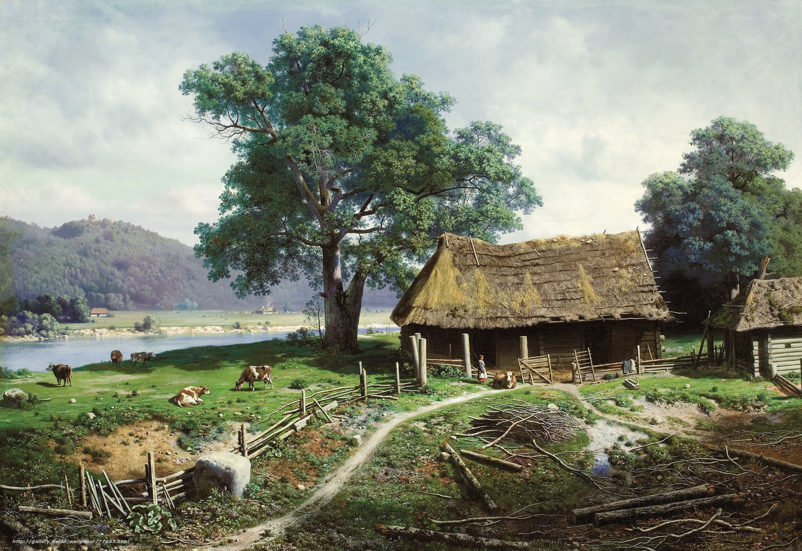 Rural landscape with thatched cottage