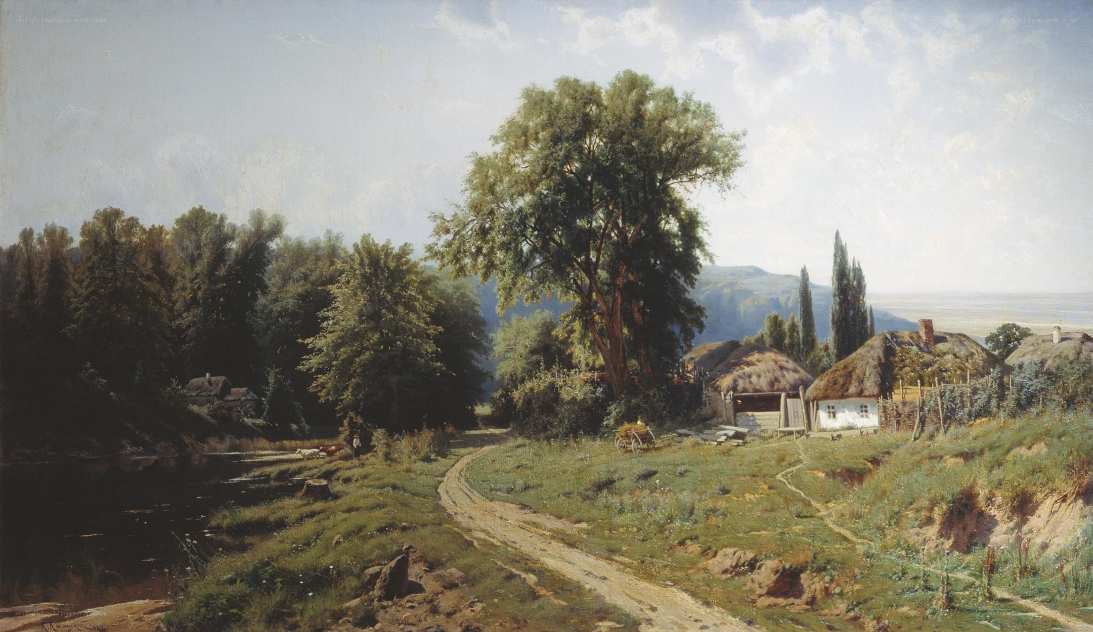 Rural landscape with thatched cottages