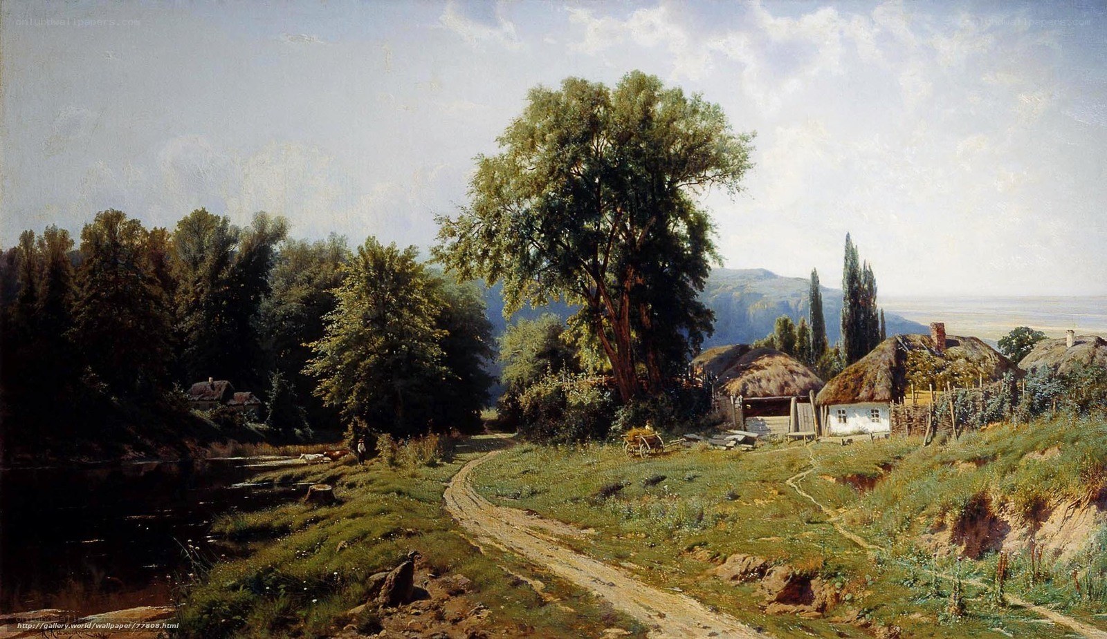 Rural landscape with thatched cottages