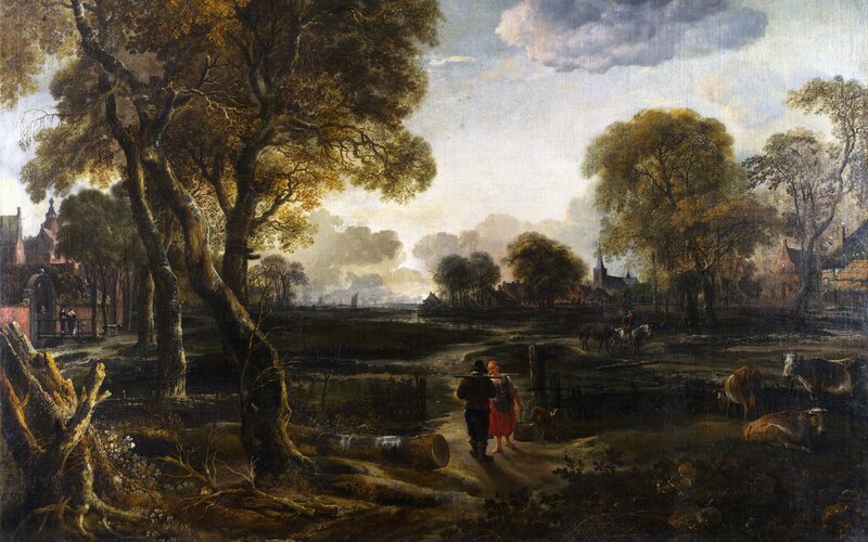Rural landscape with travelers