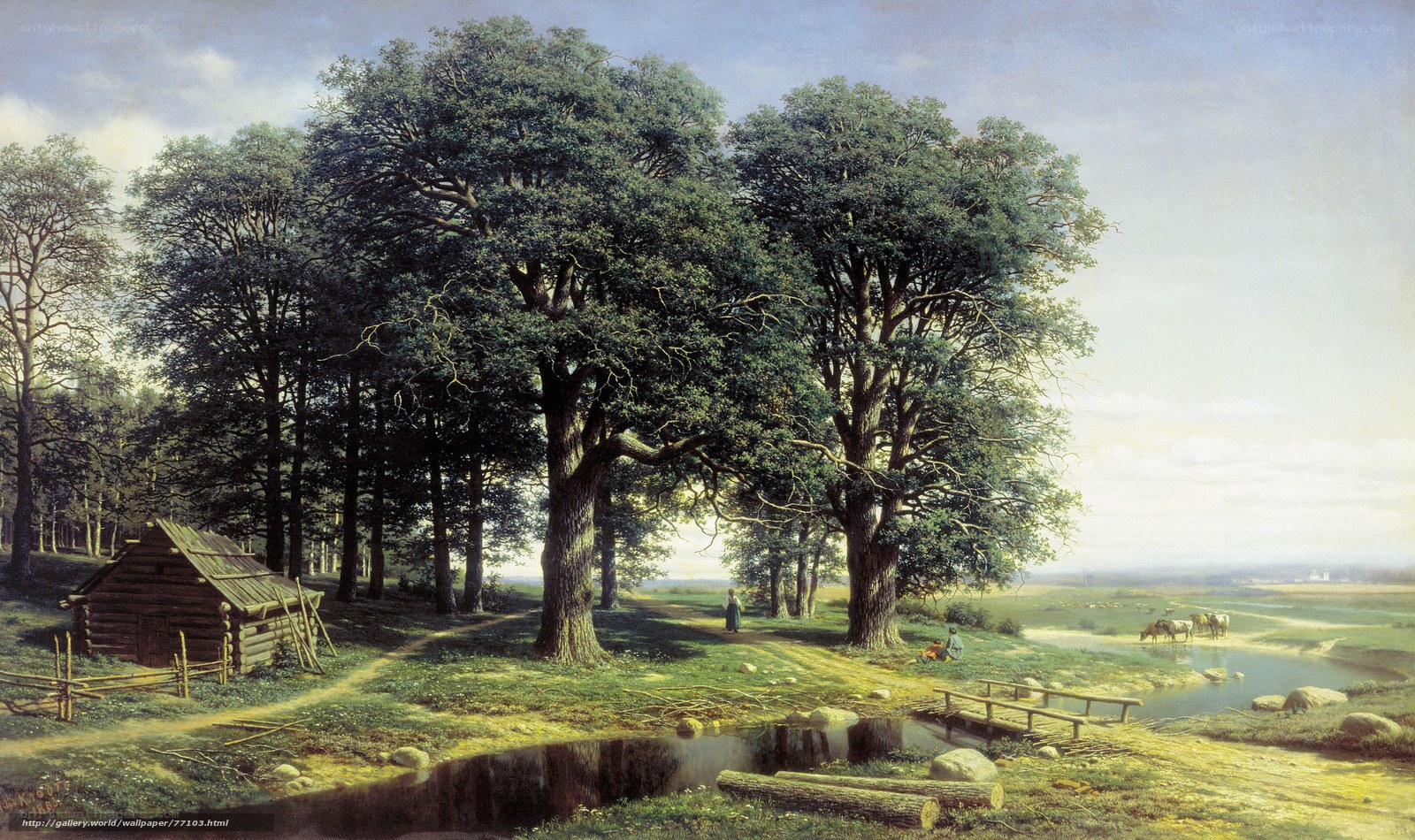 Rural landscape with trees and cabin