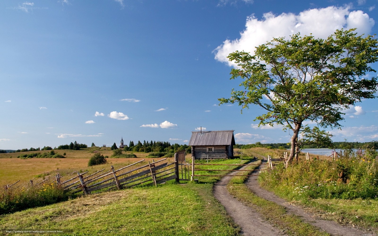 Rural landscape with wooden cabin