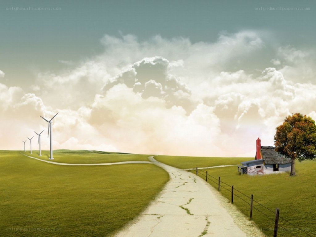 Rural path with wind turbines