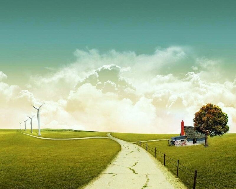 Rural path with wind turbines