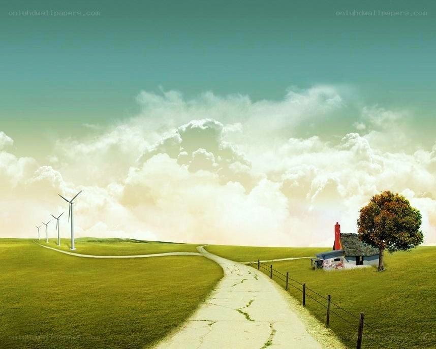 Rural path with wind turbines
