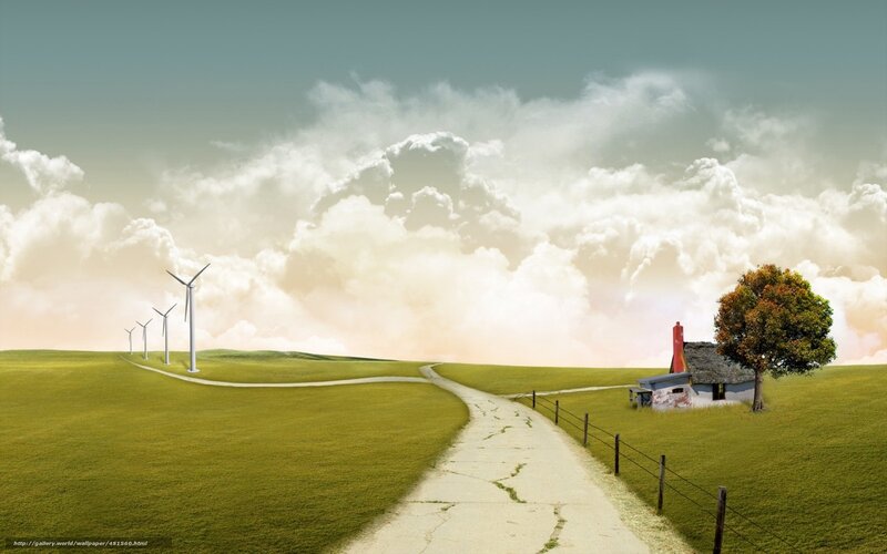 Rural path with wind turbines