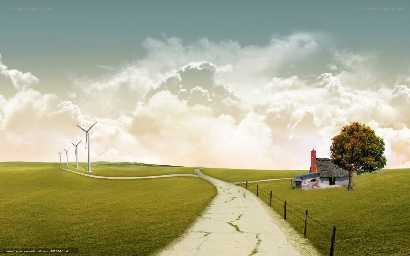 Rural path with wind turbines