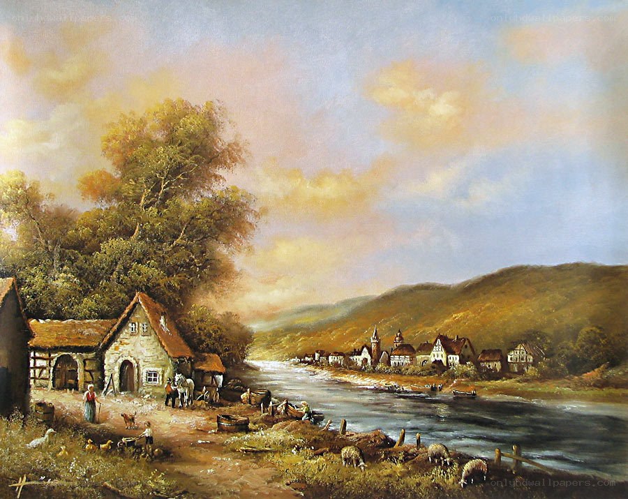 Rural River Landscape Painting