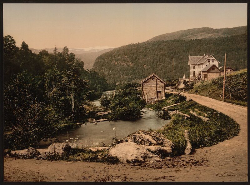 Rural river landscape with houses