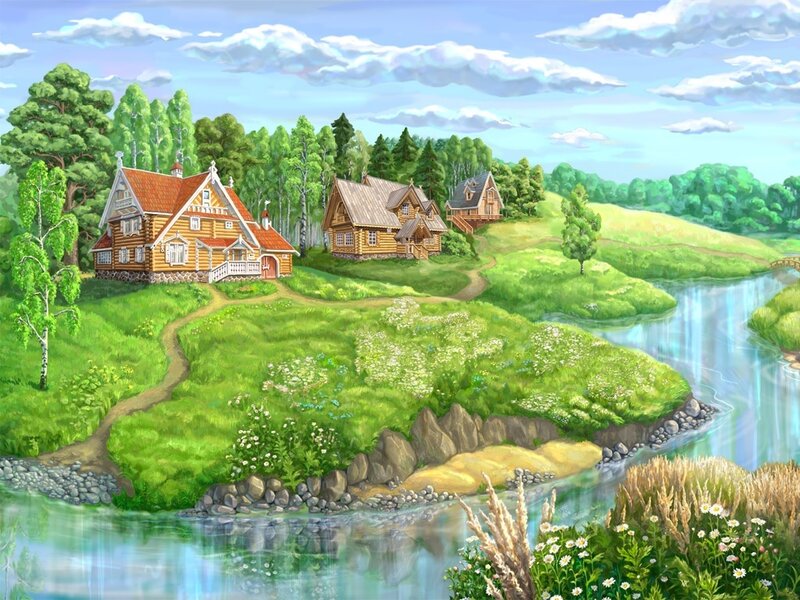 rural river village scene