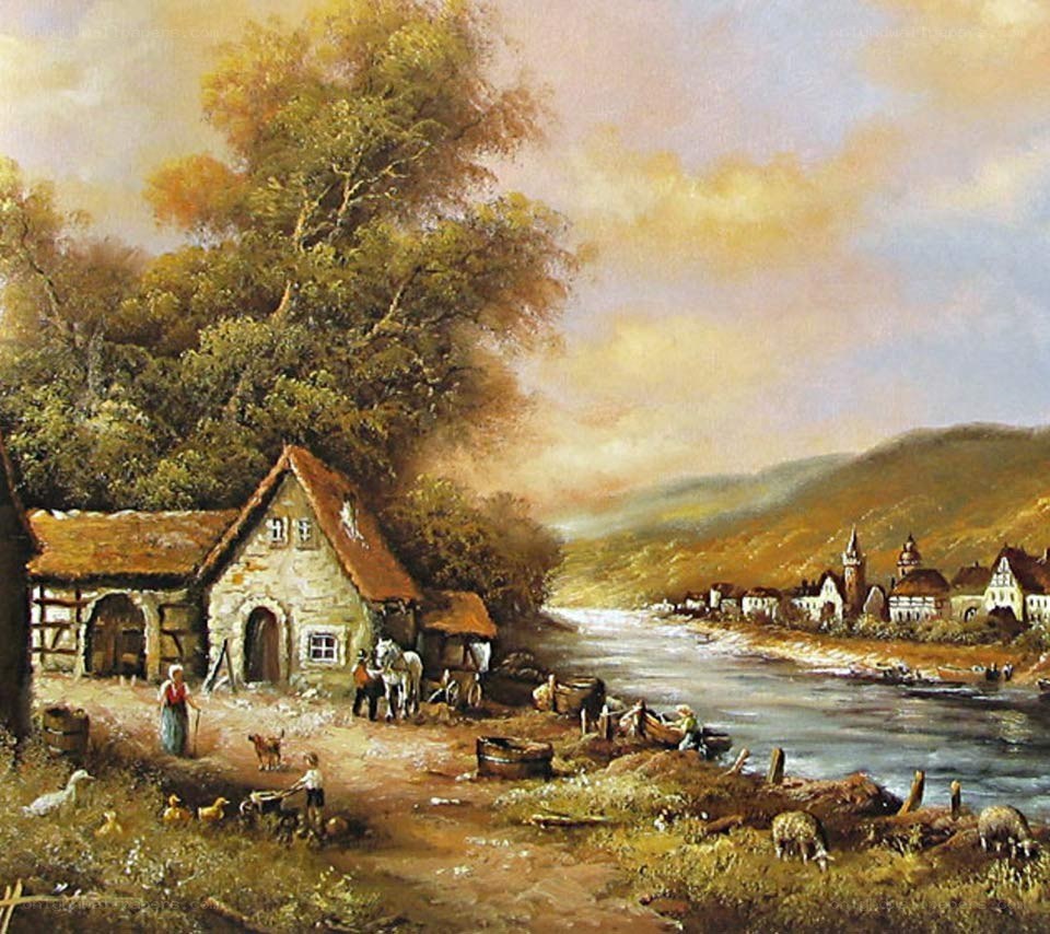 Rural river village scene