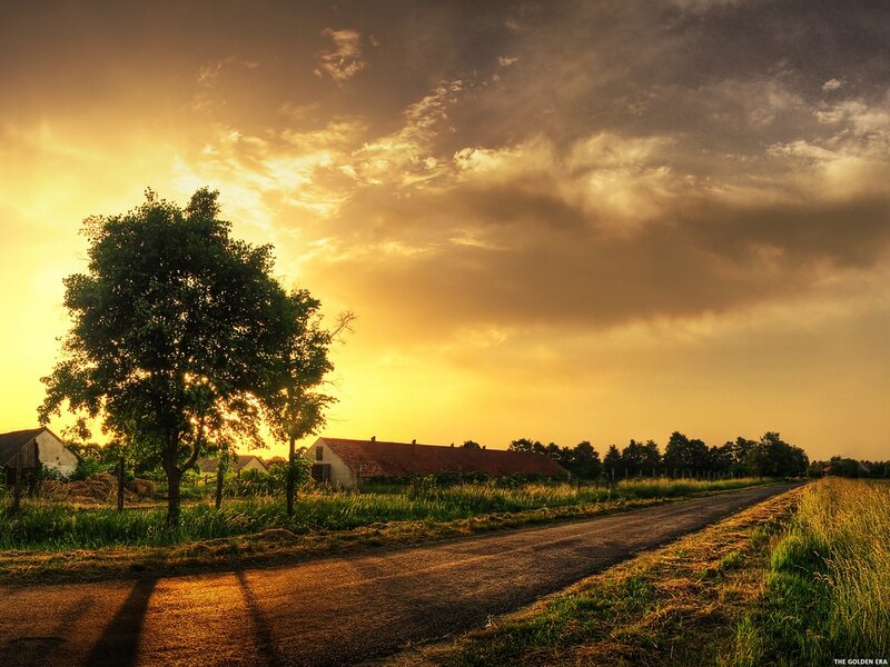 Rural Road at Sunset — Yellow, Dramatic, Photograph, Tree, Barns, Clouds, Orange