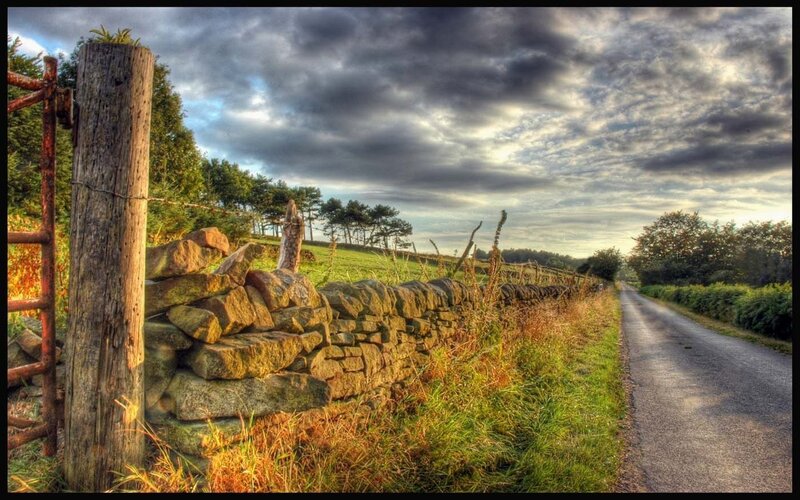 rural road with stone wall