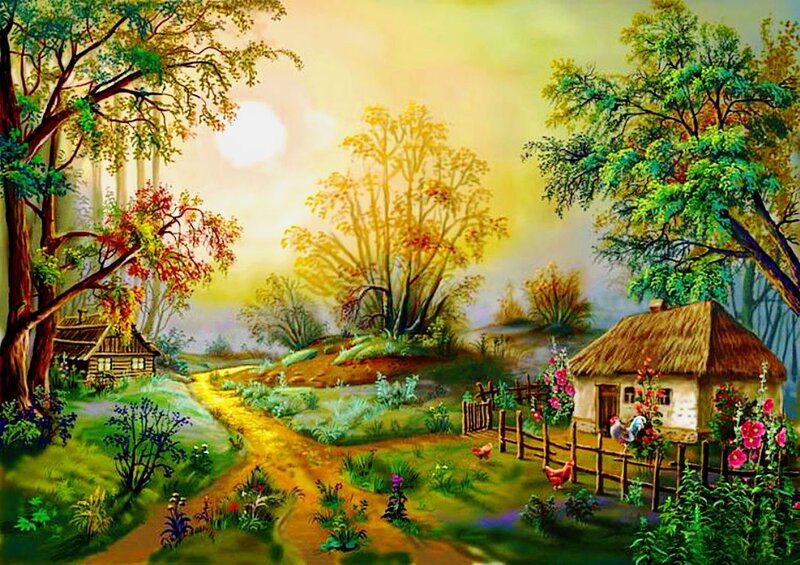 Rural Village Scene — Green, Serene