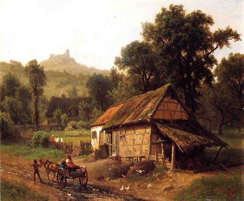 Rural village scene with cart