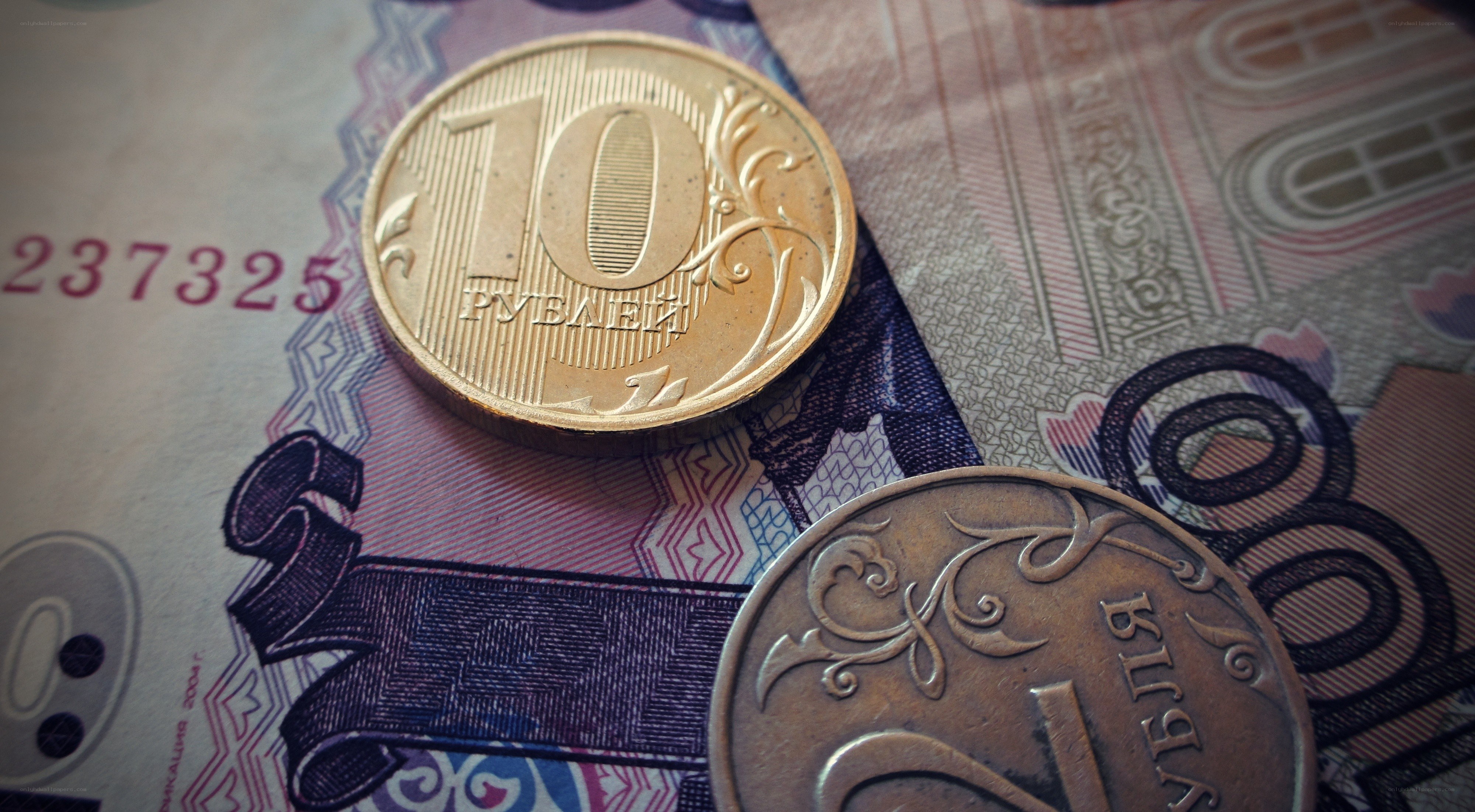 Russian currency coins and banknote