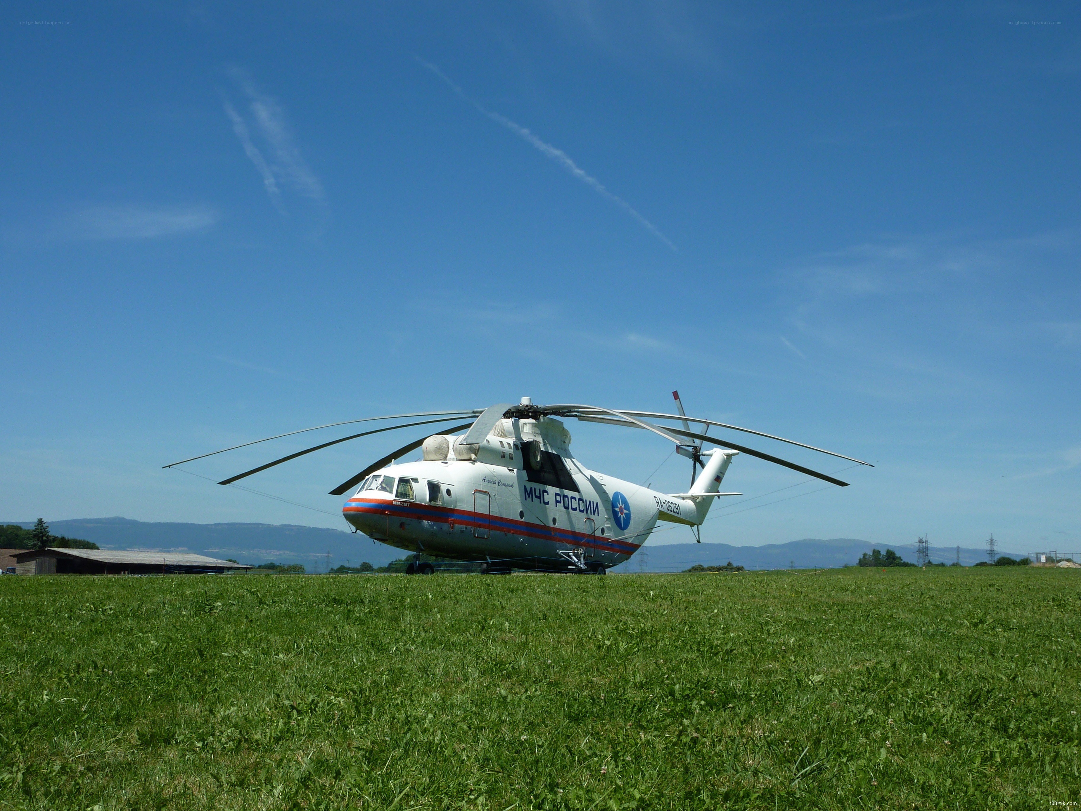 Russian helicopter on grass field