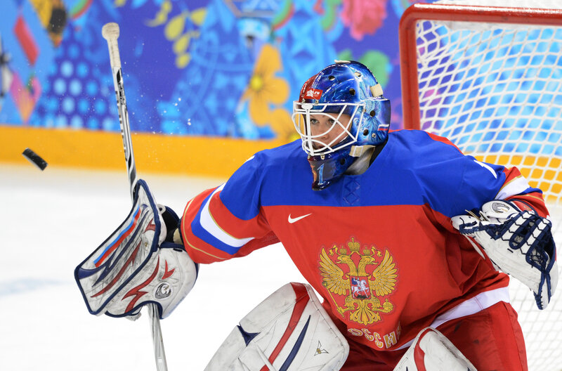 Russian hockey goalie in action