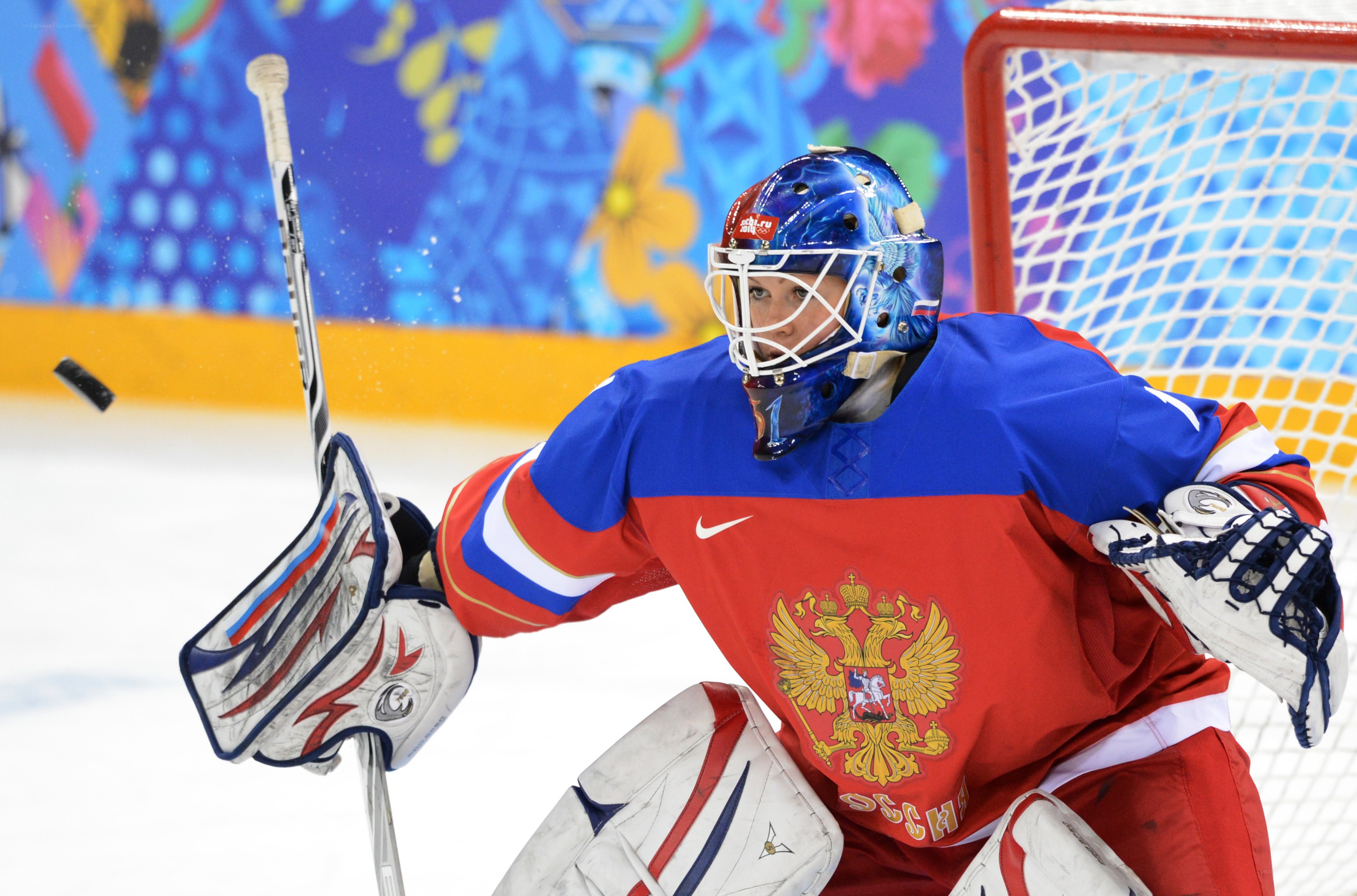 Russian hockey goalie in action