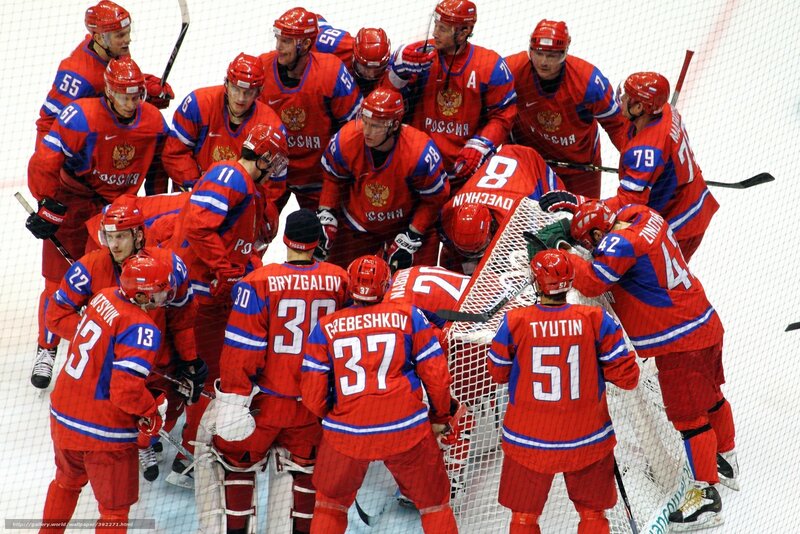 Russian hockey team huddle