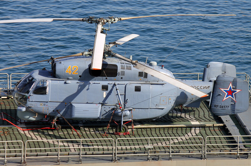 Russian military helicopter on ship deck