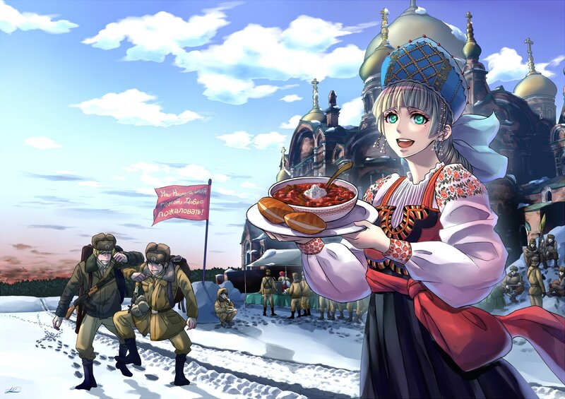 Russian woman serving food to soldiers