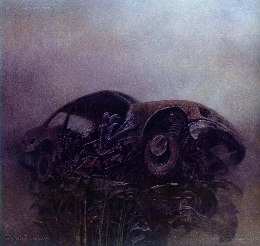 Rusted car in fog