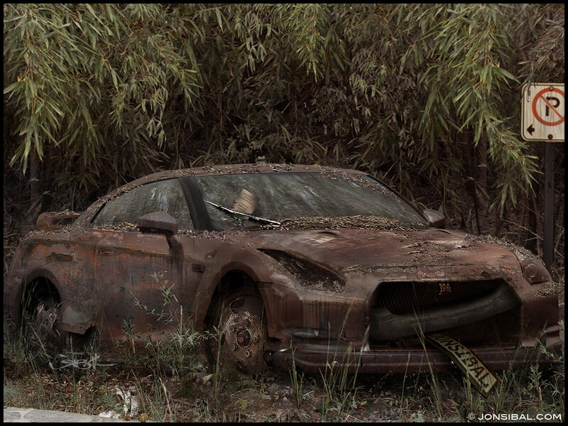 Rusted car in overgrown lot