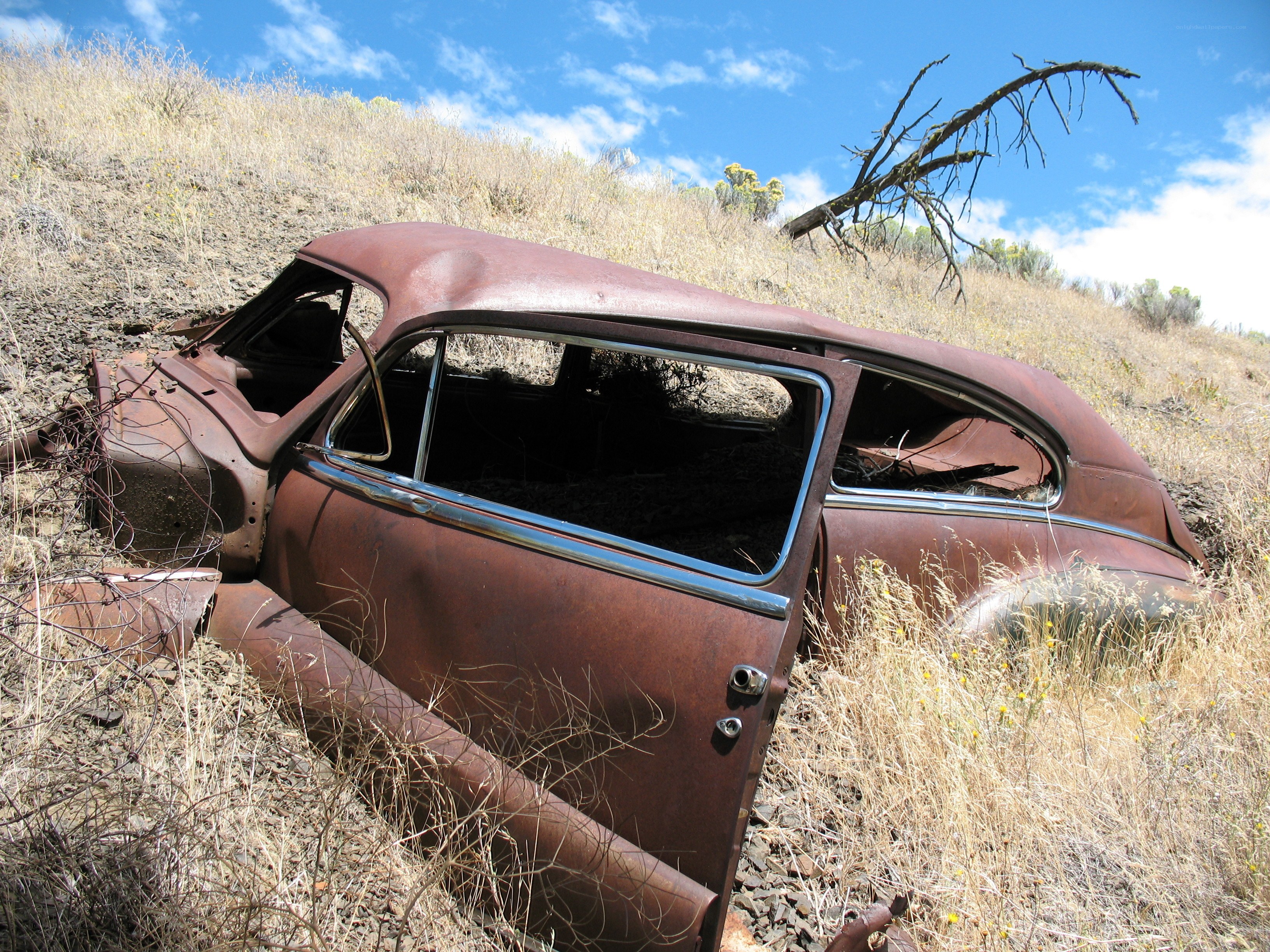 Rusted car on a hillside