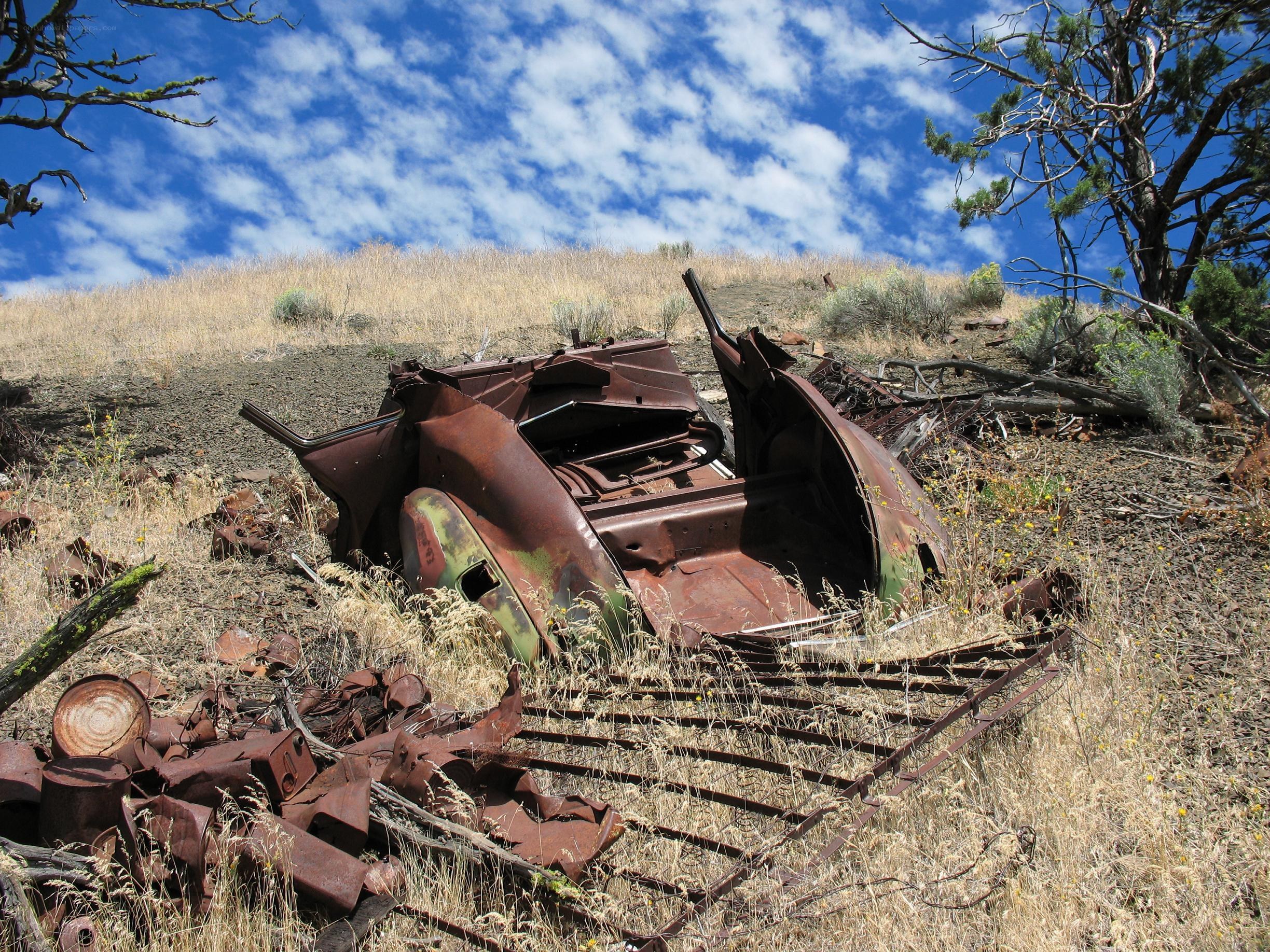 Rusted car wreck on hillside