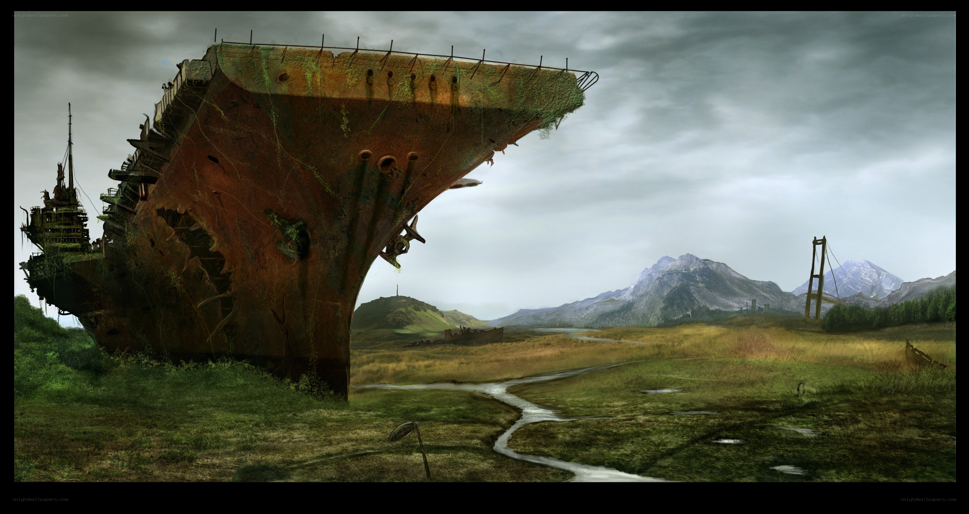 Rusted shipwreck in a post-apocalyptic landscape