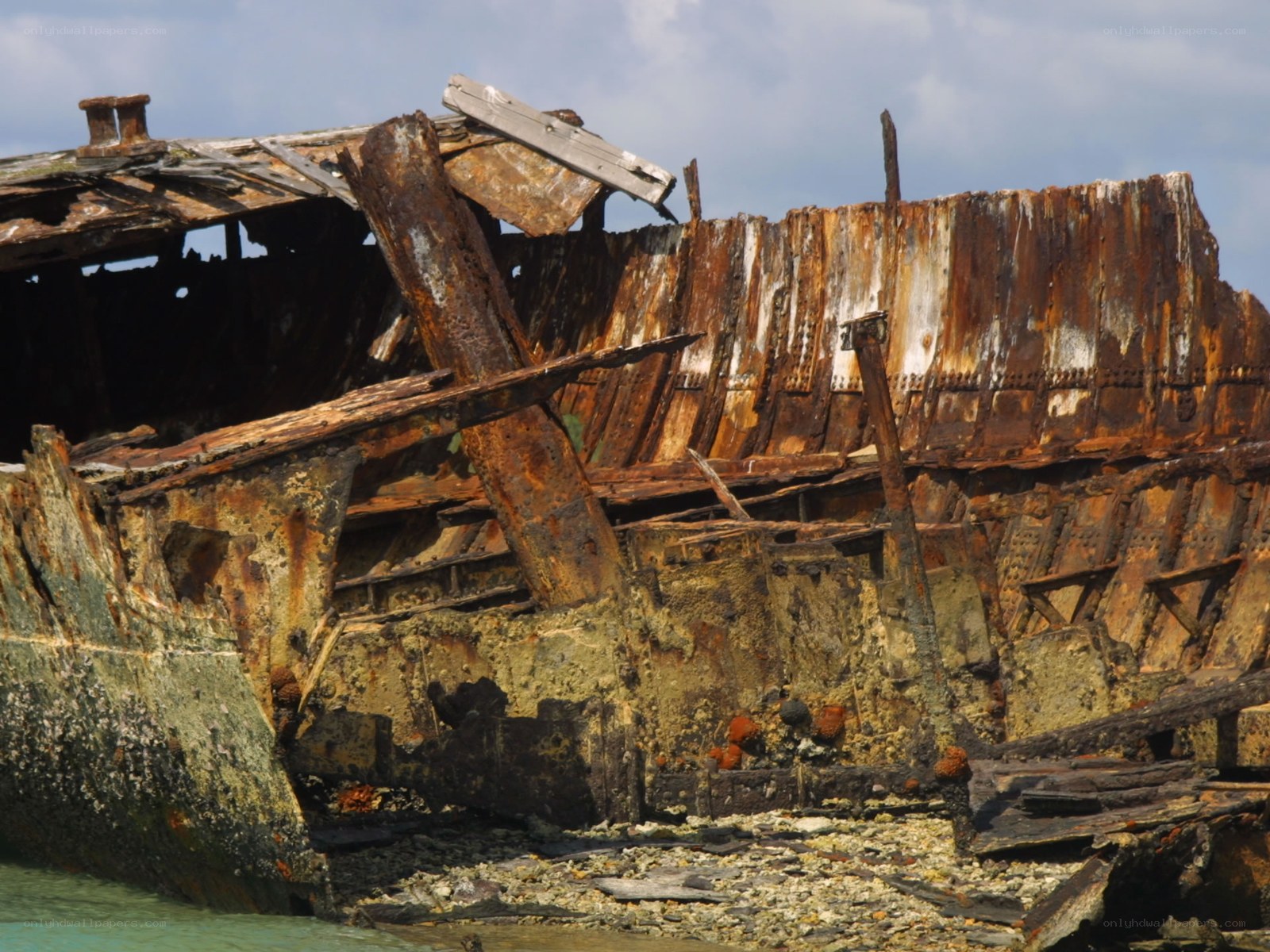Rusted shipwreck on shore