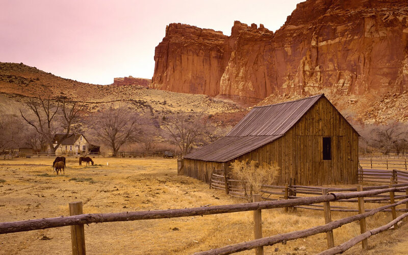 Rustic barn in canyon landscape